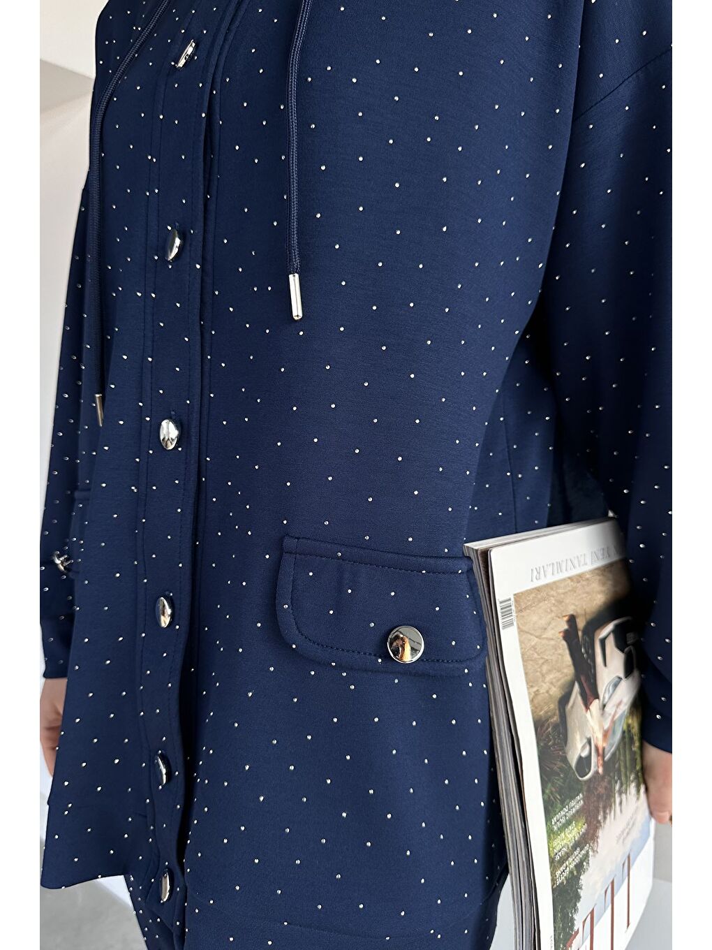 Lacivert Kapüşonlu Taşlı Hırka Pantolon Tesettür İkili Takım-9