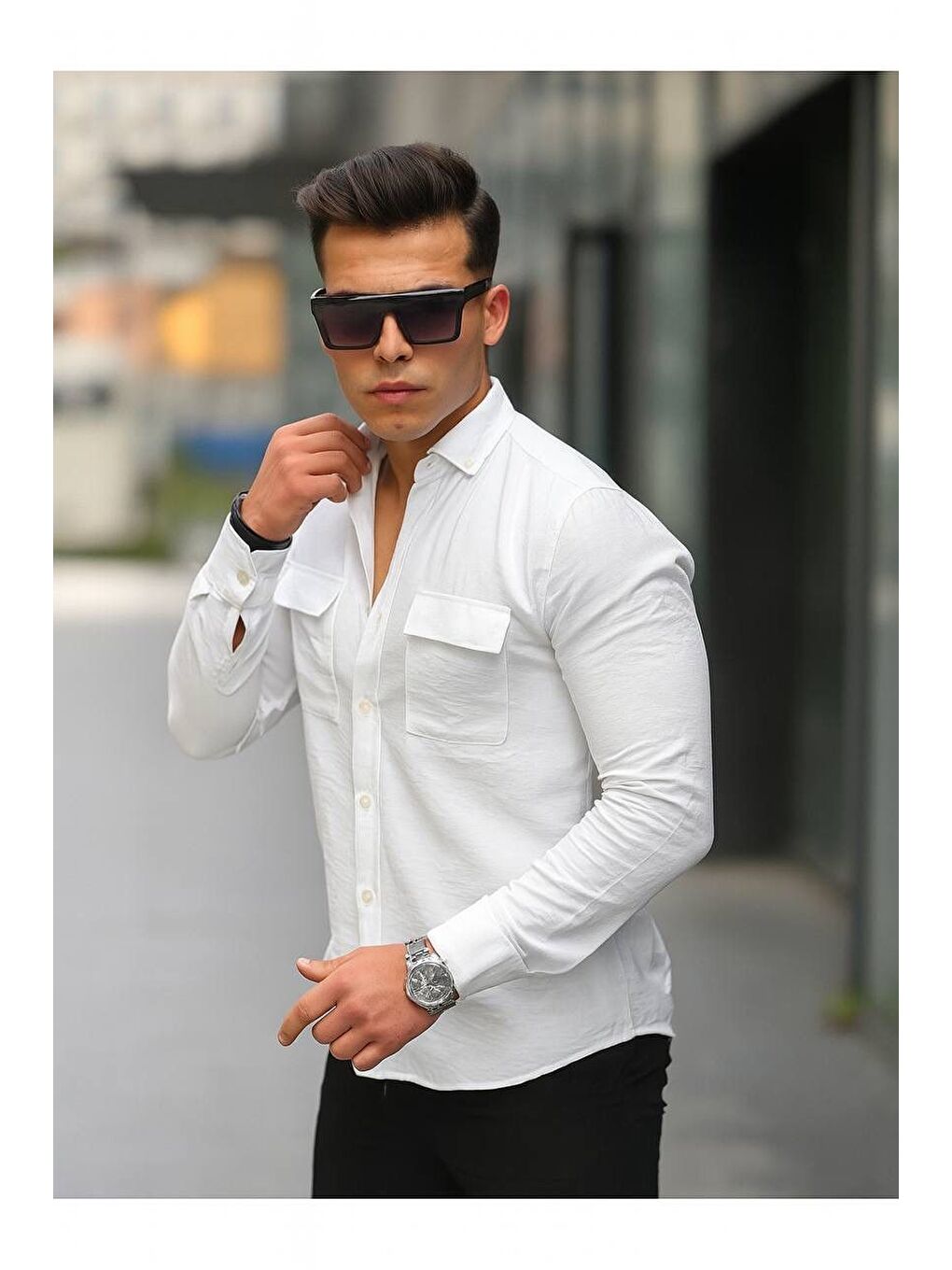 Beyaz Erkek A Kalite Keten Slim Fit Uzun Kol Çift Kapaklı Gömlek