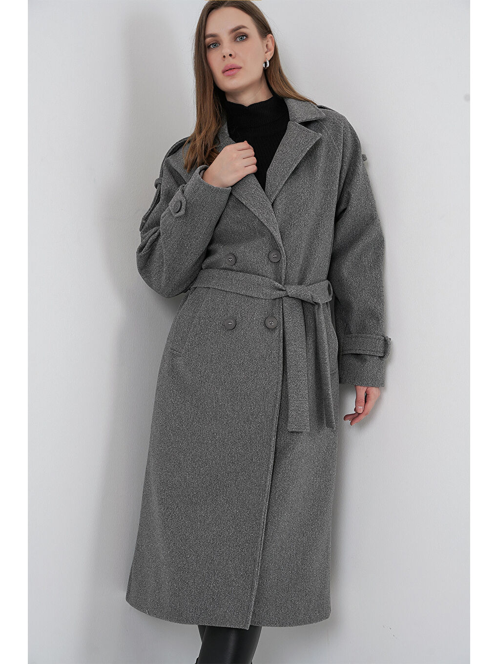 Kadın Kuşaklı Kaşe Kaban 9161 - Gri