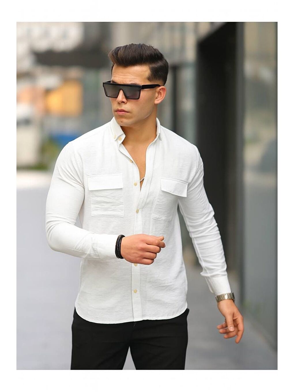 Beyaz Erkek A Kalite Keten Slim Fit Uzun Kol Çift Kapaklı Gömlek-1