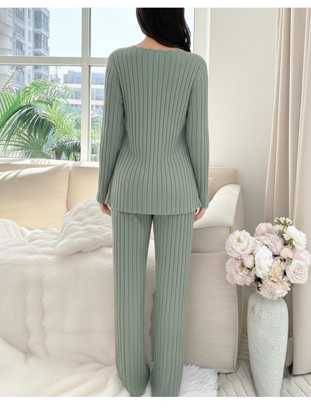 Yeşil Yumoş Dokulu Emzirmeye Uygun Ayarlanabilir Bel Destekli Hamile & Lohusa Pijama Takımı-1