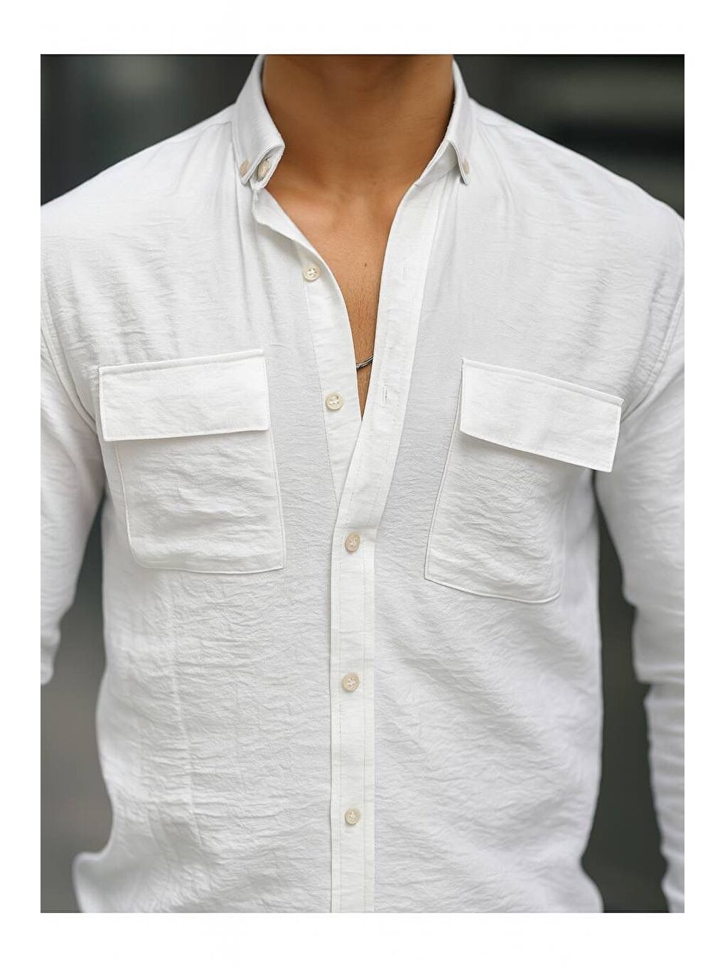 Beyaz Erkek A Kalite Keten Slim Fit Uzun Kol Çift Kapaklı Gömlek-2