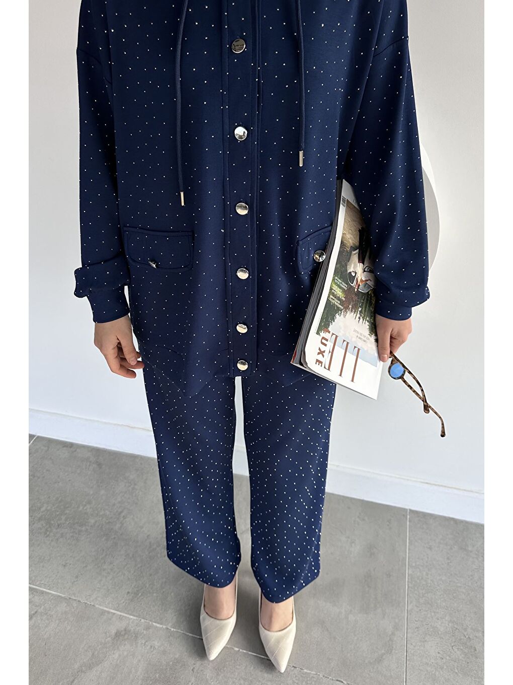 Lacivert Kapüşonlu Taşlı Hırka Pantolon Tesettür İkili Takım-10