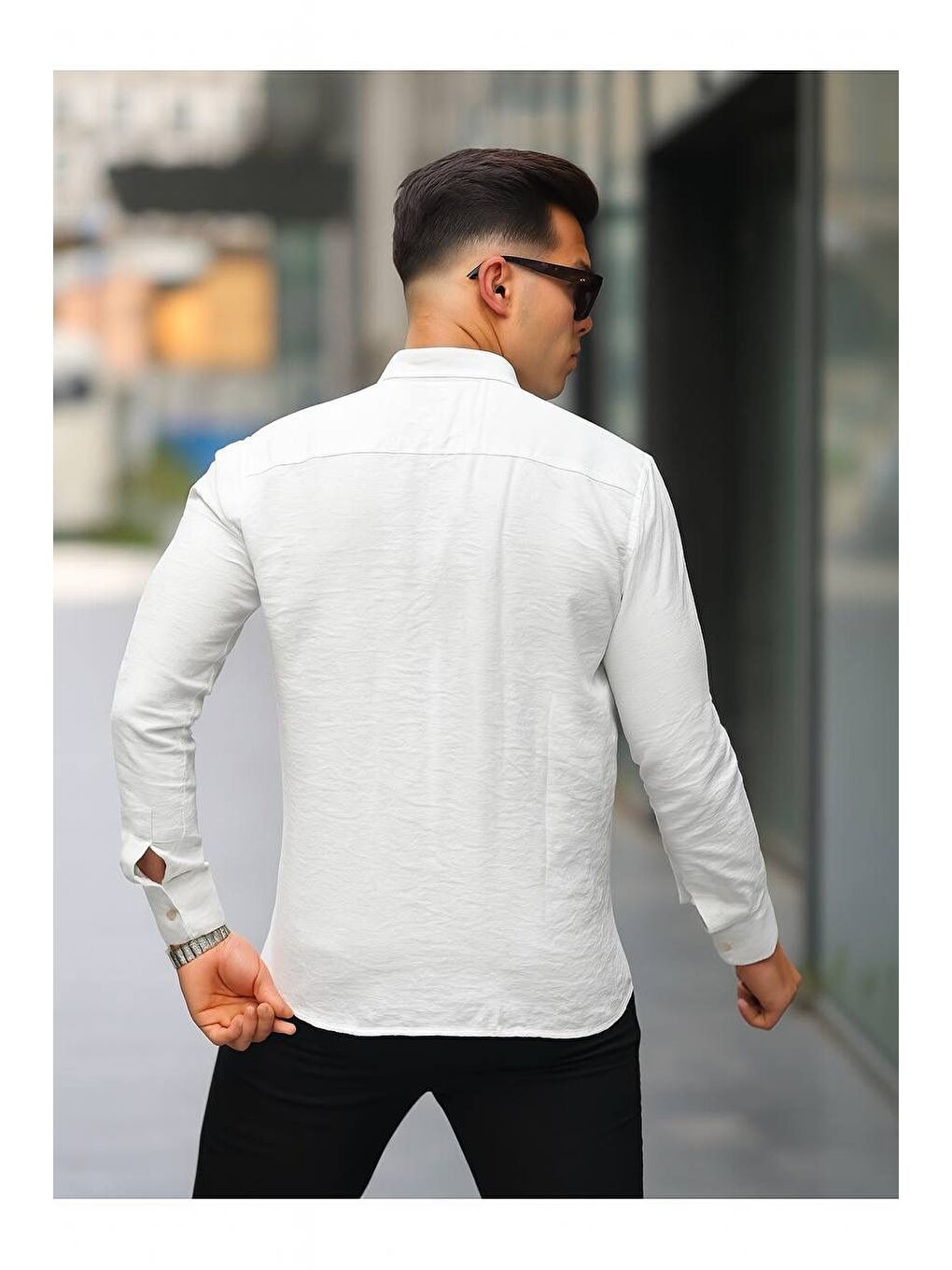 Beyaz Erkek A Kalite Keten Slim Fit Uzun Kol Çift Kapaklı Gömlek-3