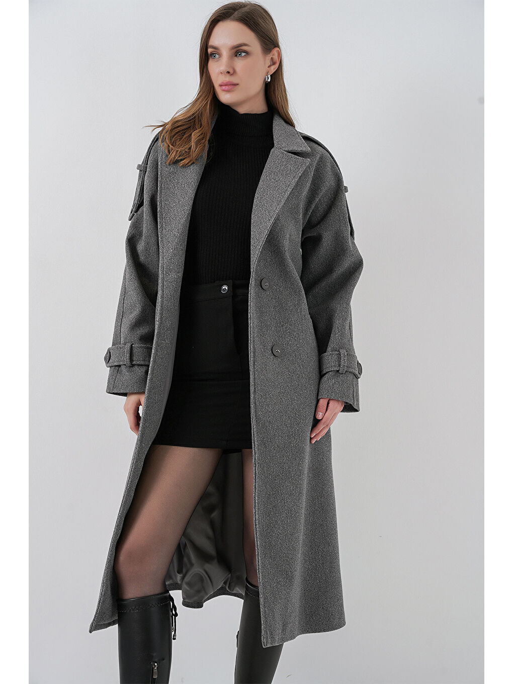 Kadın Kuşaklı Kaşe Kaban 9161 - Gri-1