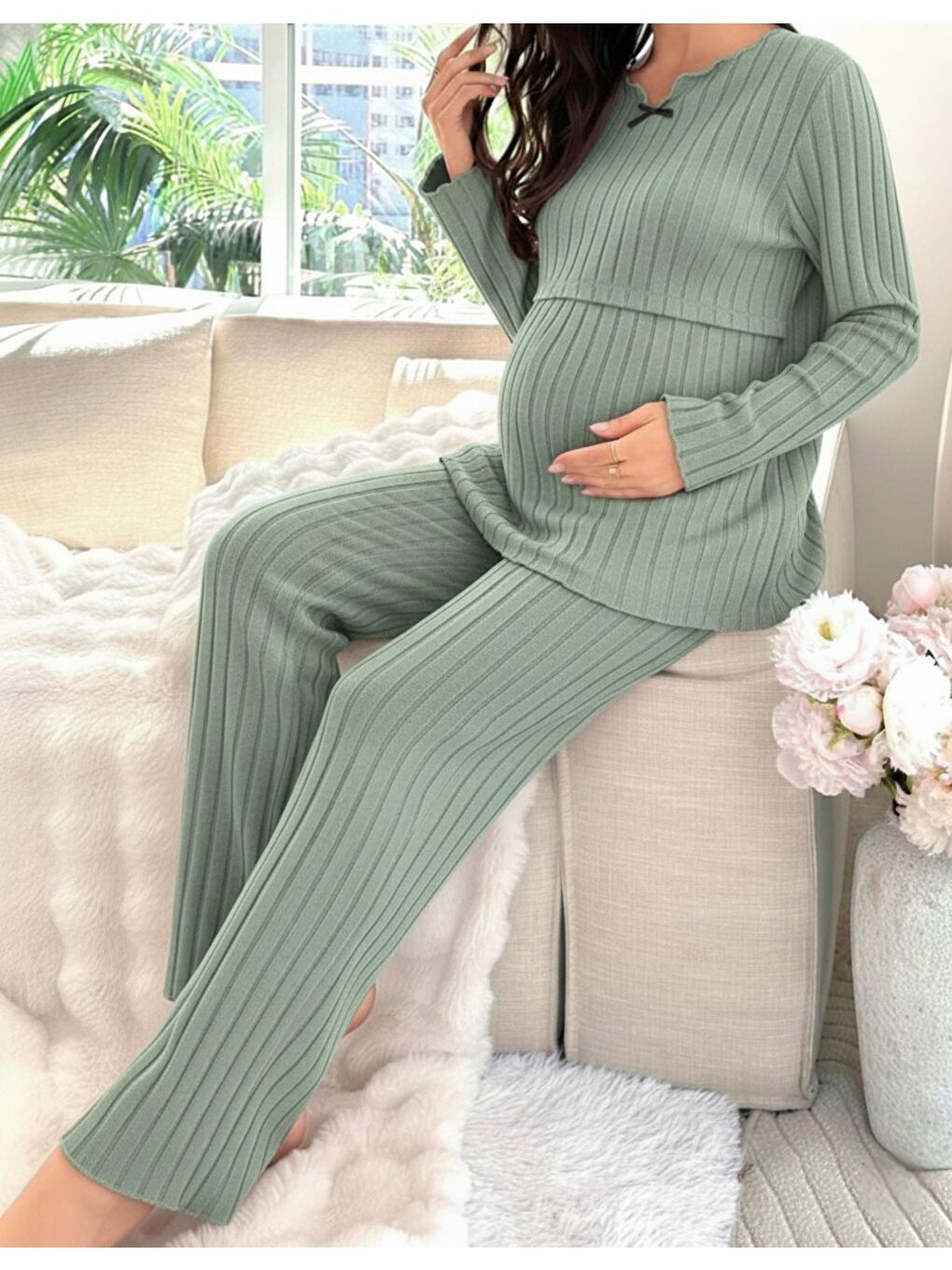 Yeşil Yumoş Dokulu Emzirmeye Uygun Ayarlanabilir Bel Destekli Hamile & Lohusa Pijama Takımı-2