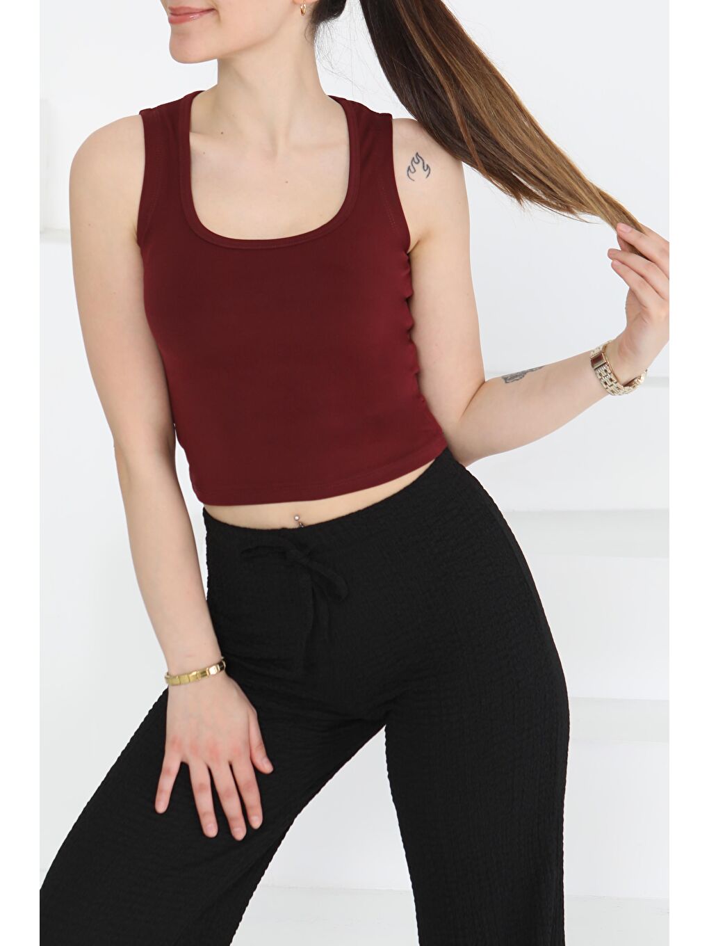 Cupralı Oval Yaka Crop Atlet Bordo - 27278