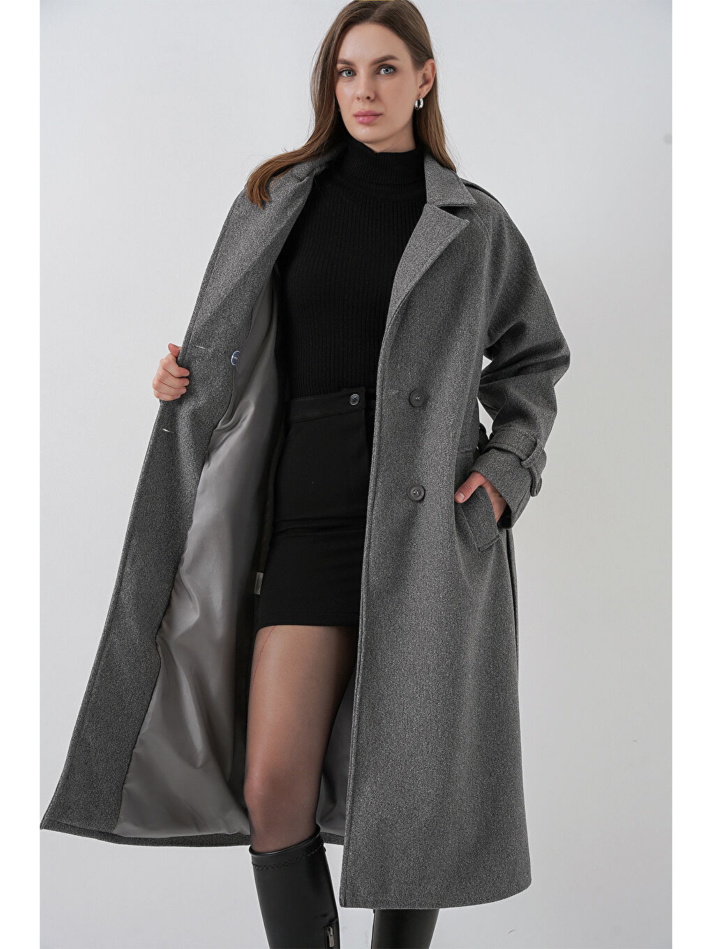 Kadın Kuşaklı Kaşe Kaban 9161 - Gri-2