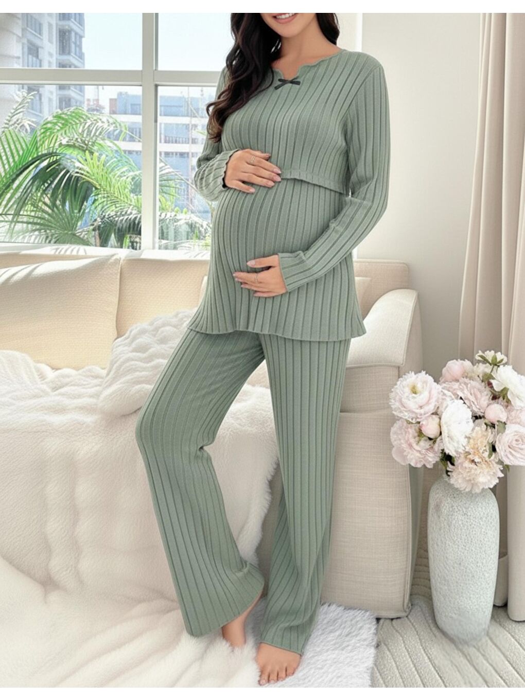 Yeşil Yumoş Dokulu Emzirmeye Uygun Ayarlanabilir Bel Destekli Hamile & Lohusa Pijama Takımı-3