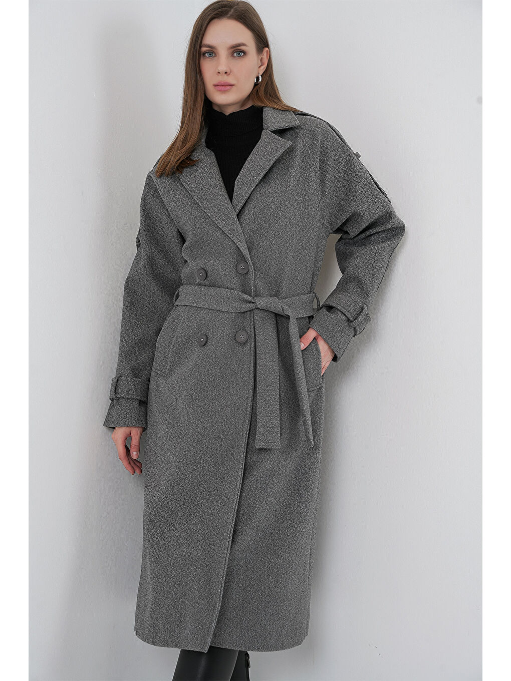 Kadın Kuşaklı Kaşe Kaban 9161 - Gri-3