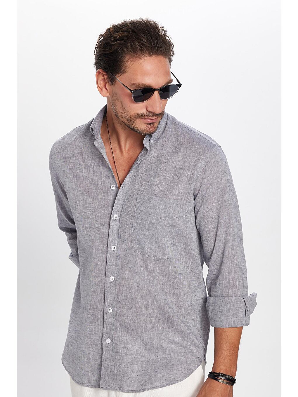 Erkek Regular Fit Klasik Kesim Pamuklu Keten Doku Düğmeli Yaka Gri Gömlek