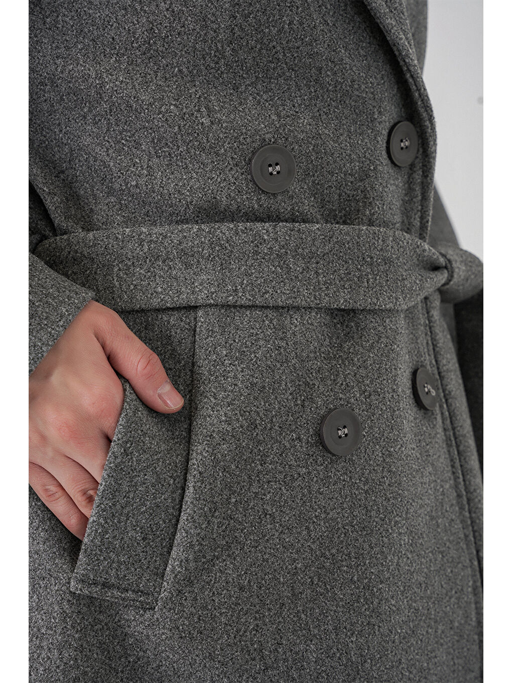 Kadın Kuşaklı Kaşe Kaban 9161 - Gri-4