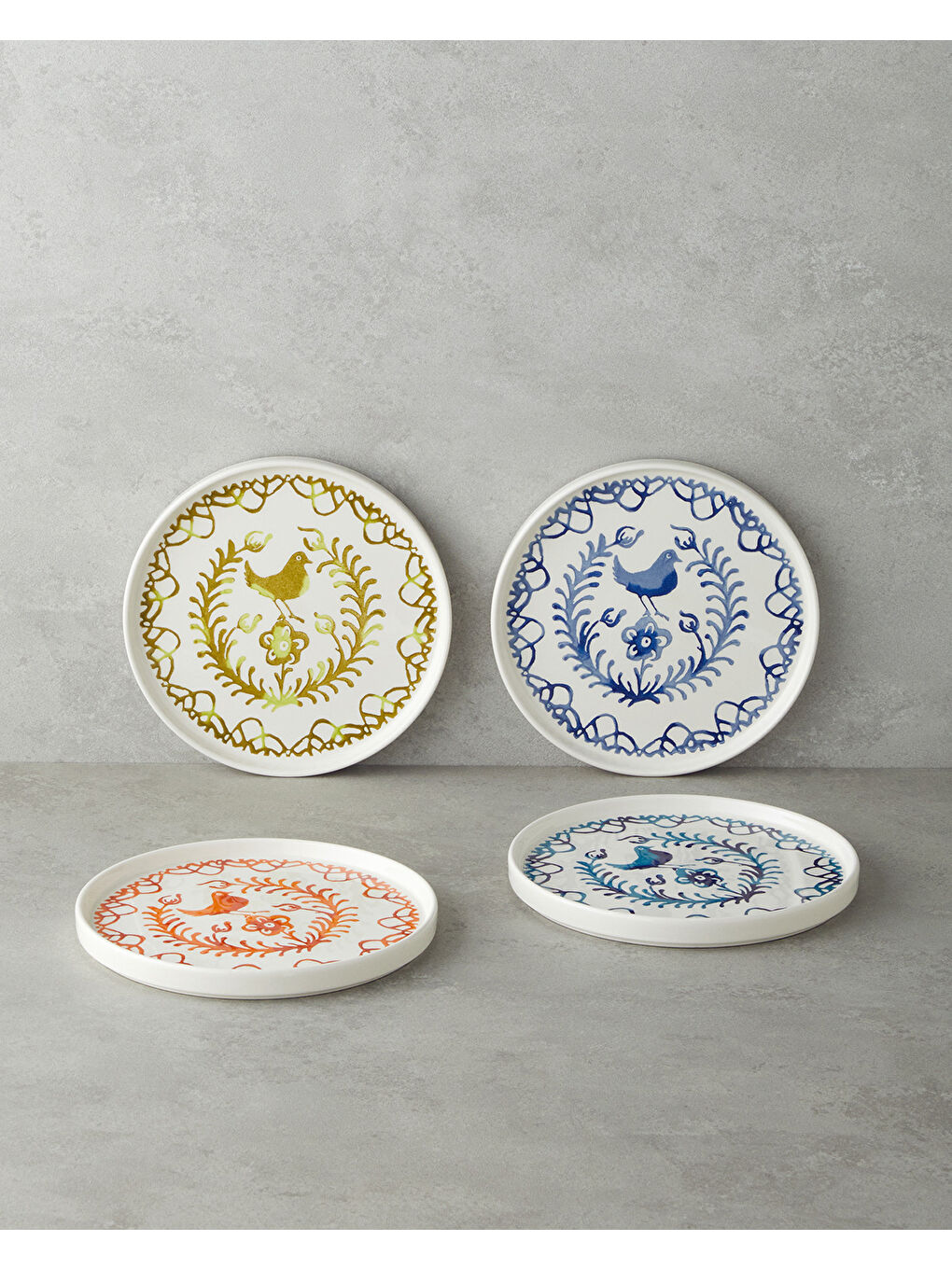 Beyaz Birdie Seramik 4'lü Pasta Tabağı 20 cm Renkli