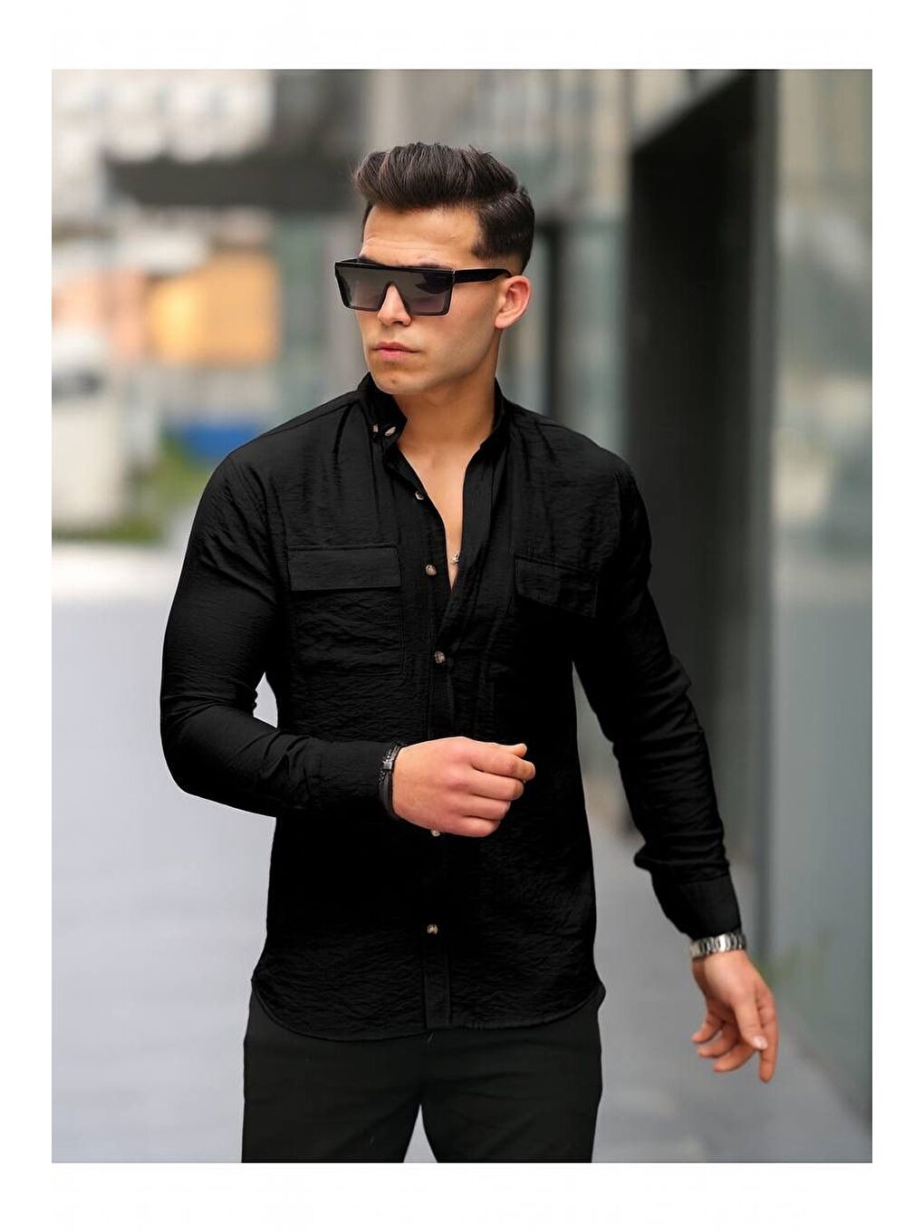 Siyah Erkek A Kalite Keten Slim Fit Uzun Kol Çift Kapaklı Gömlek