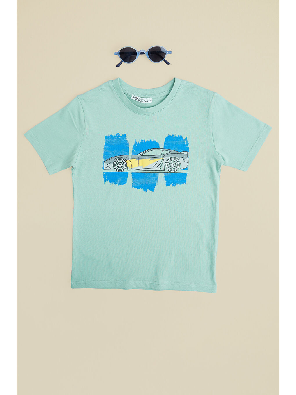 Yeşil Araba Baskılı Bisiklet Yaka Erkek Çocuk Tişört