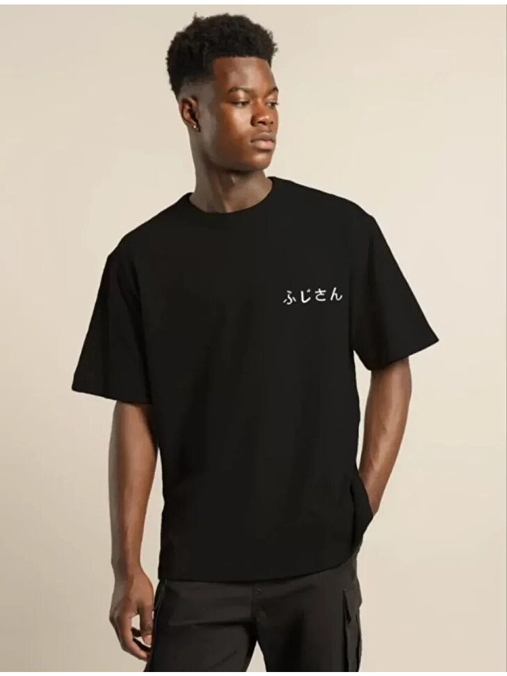 Unisex Bisiklet Yaka Baskılı Oversize T-Shirt - Siyah