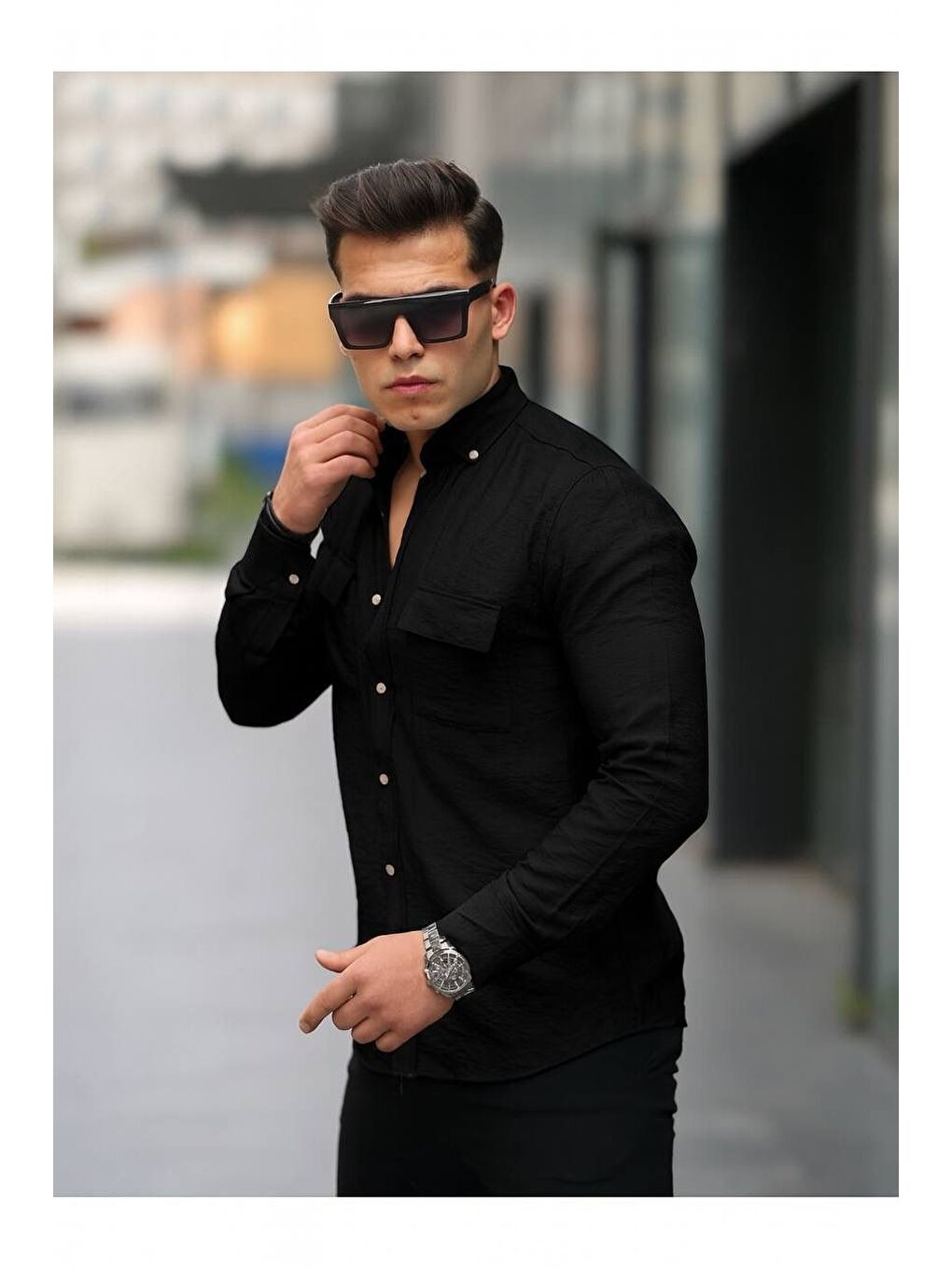 Siyah Erkek A Kalite Keten Slim Fit Uzun Kol Çift Kapaklı Gömlek-1