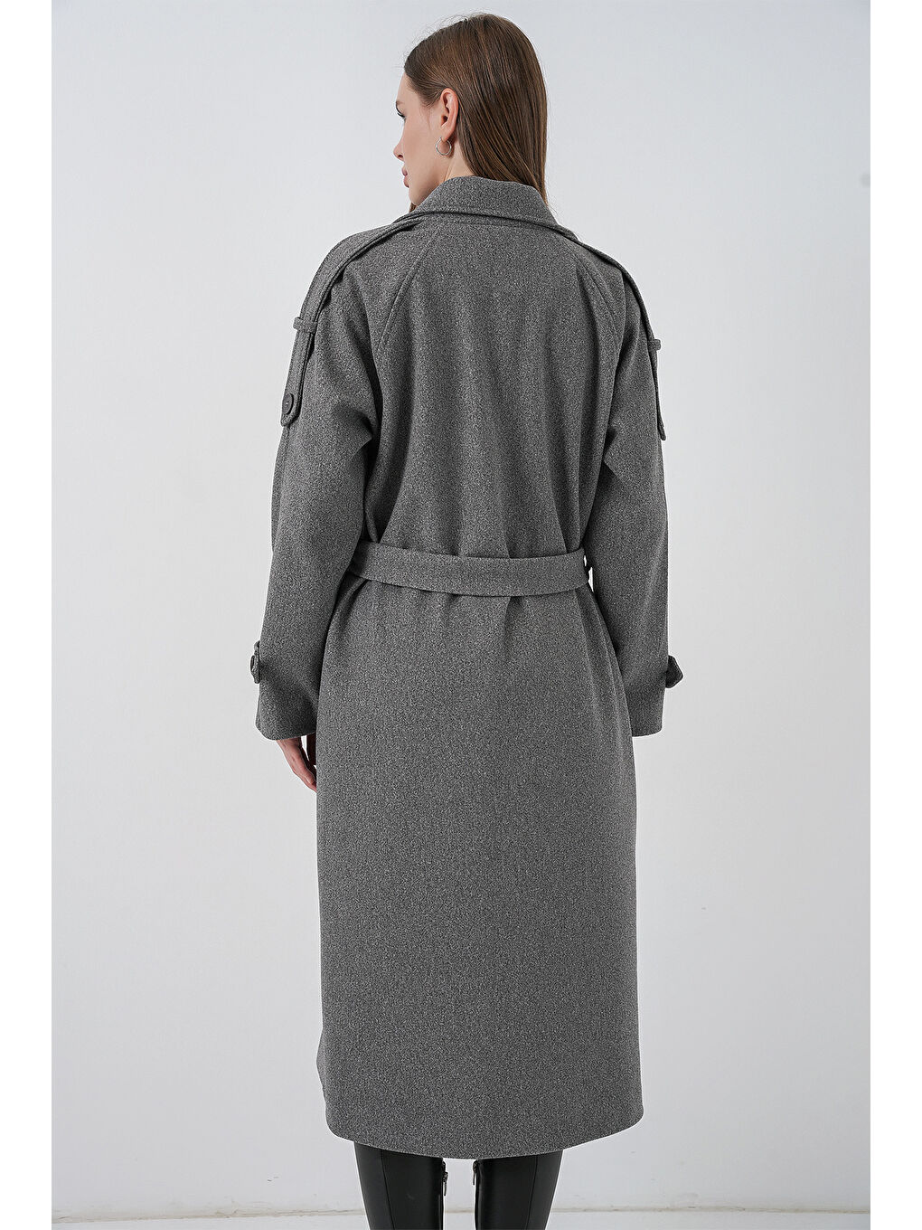 Kadın Kuşaklı Kaşe Kaban 9161 - Gri-5