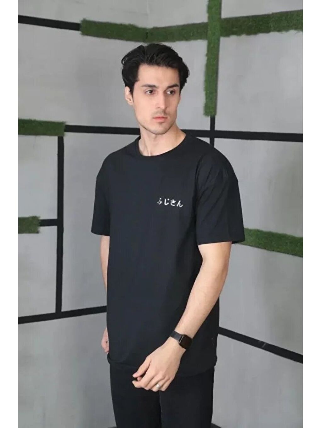 Unisex Bisiklet Yaka Baskılı Oversize T-Shirt - Siyah-1