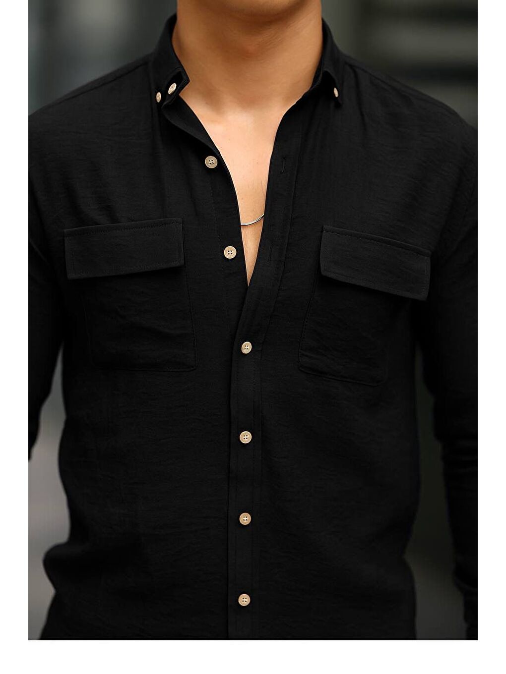 Siyah Erkek A Kalite Keten Slim Fit Uzun Kol Çift Kapaklı Gömlek-2