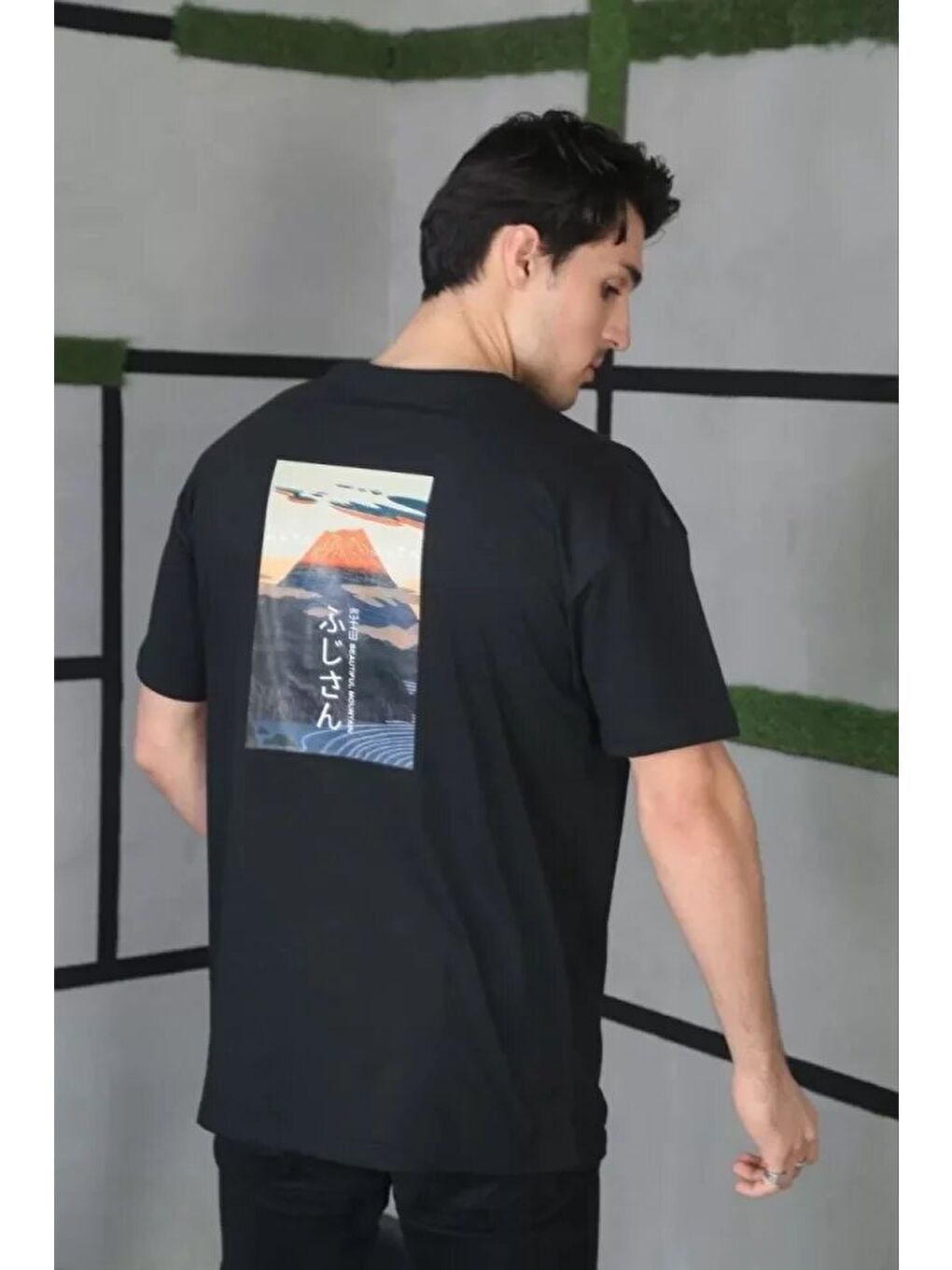 Unisex Bisiklet Yaka Baskılı Oversize T-Shirt - Siyah-2