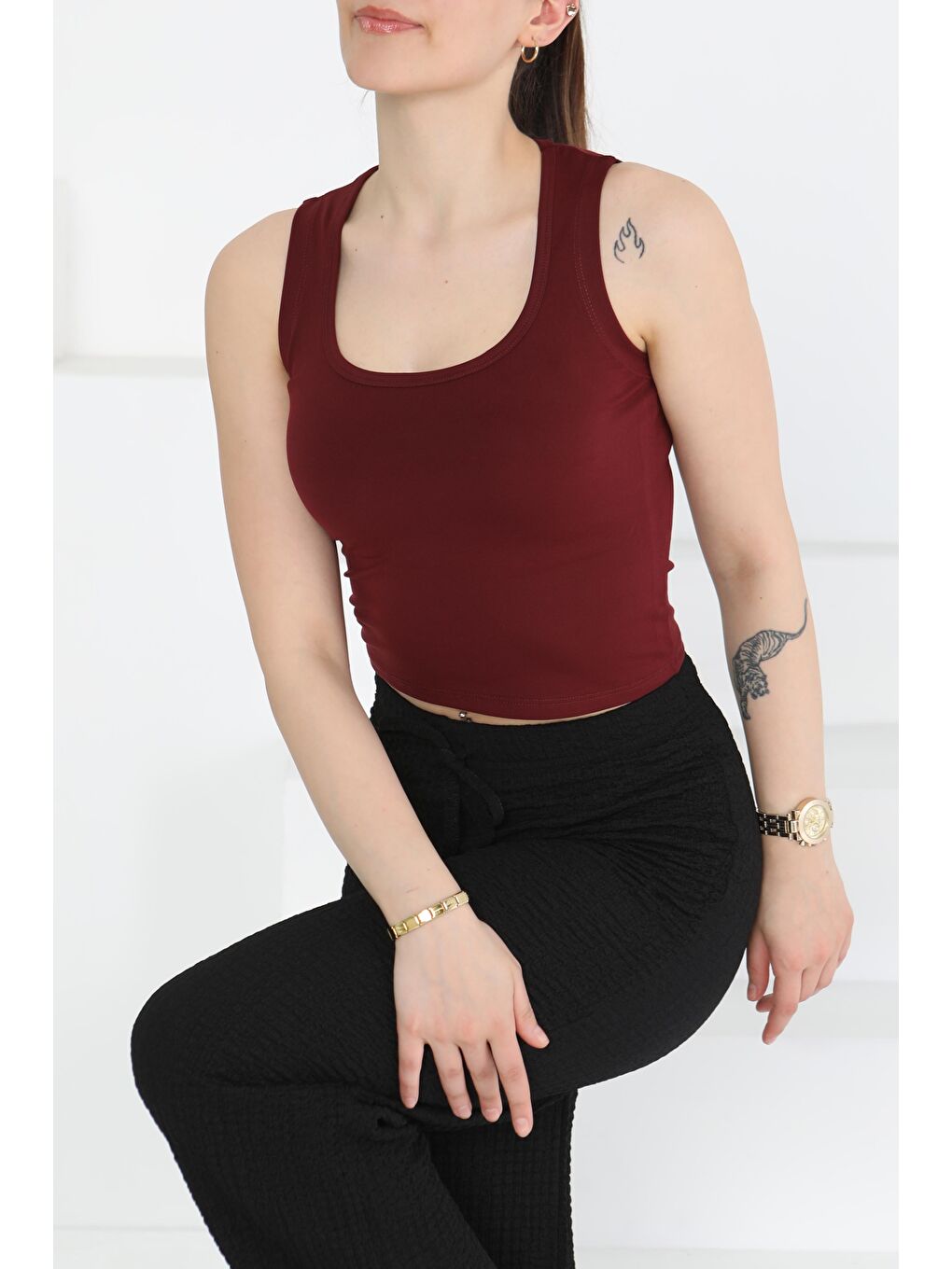 Cupralı Oval Yaka Crop Atlet Bordo - 27278-1