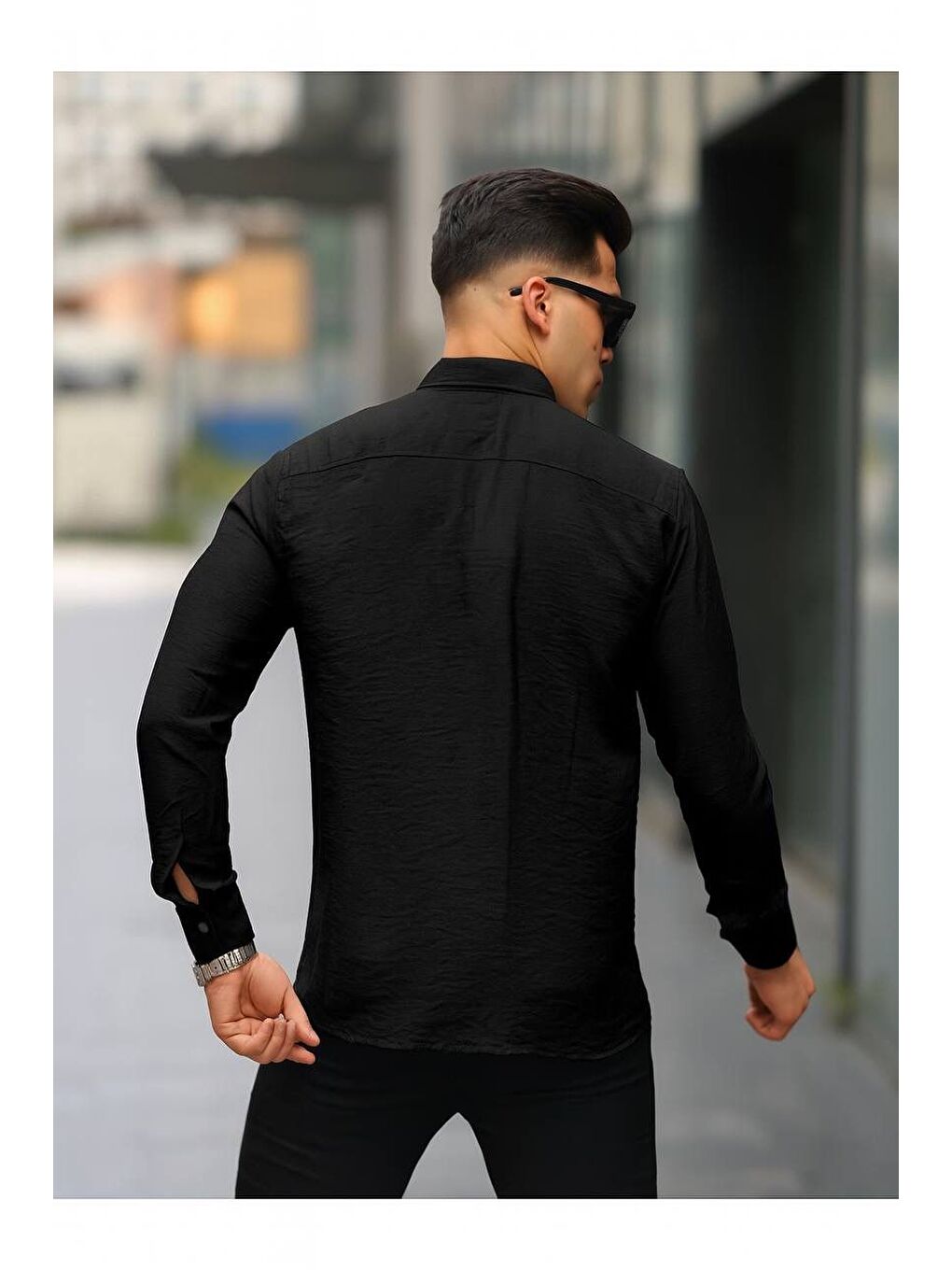 Siyah Erkek A Kalite Keten Slim Fit Uzun Kol Çift Kapaklı Gömlek-3