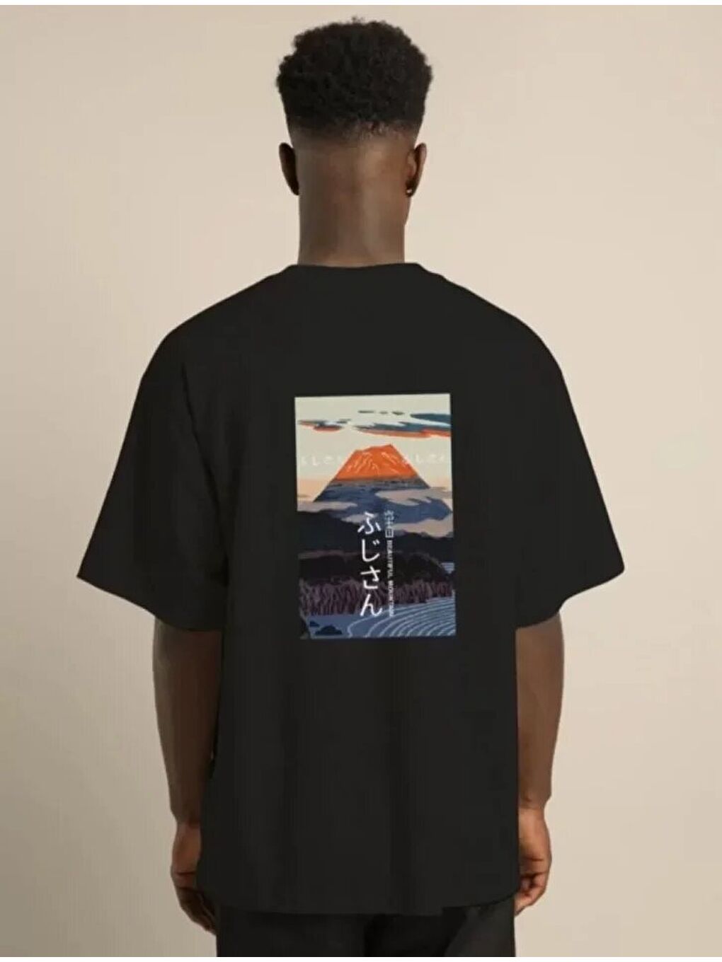 Unisex Bisiklet Yaka Baskılı Oversize T-Shirt - Siyah-3