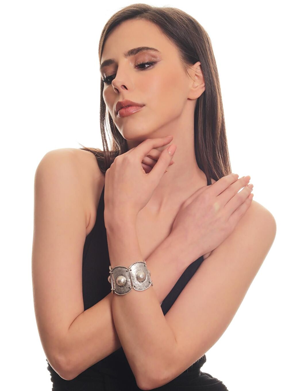 Gri Kadın Antik Gümüş Kaplama Ayarlanabilir Zincir Bağlantlı Kabartma Dokulu Bohem Bileklik-2