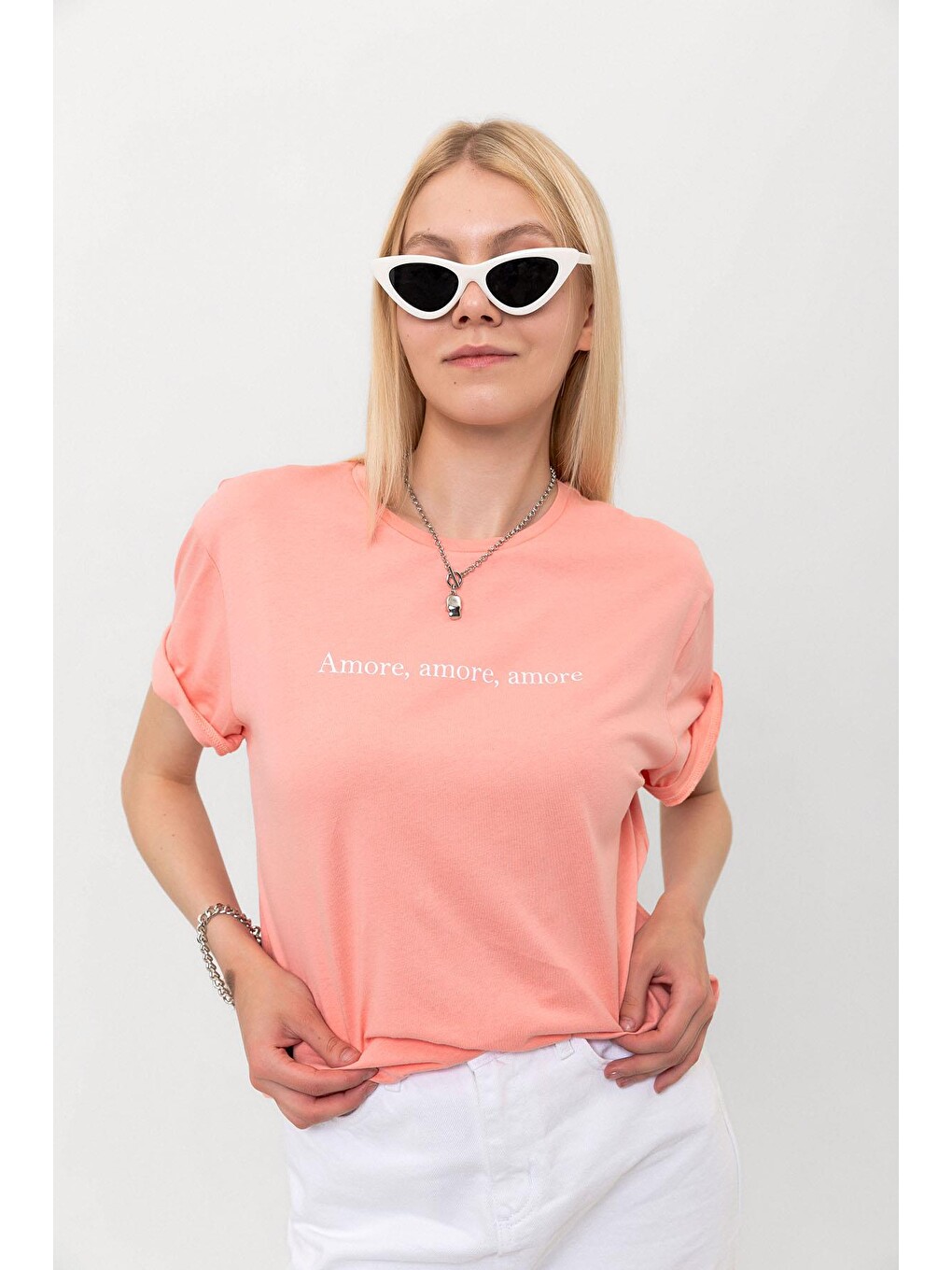 Pembe Amor Baskılı Oversize %100 Pamuk Kadın Tişört