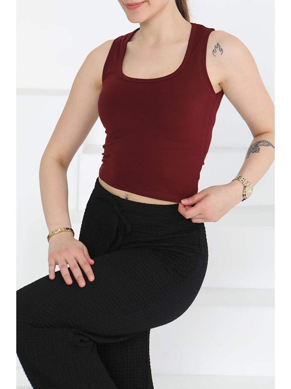 Cupralı Oval Yaka Crop Atlet Bordo - 27278-2