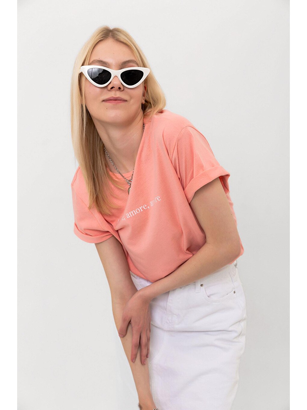 Pembe Amor Baskılı Oversize %100 Pamuk Kadın Tişört-1