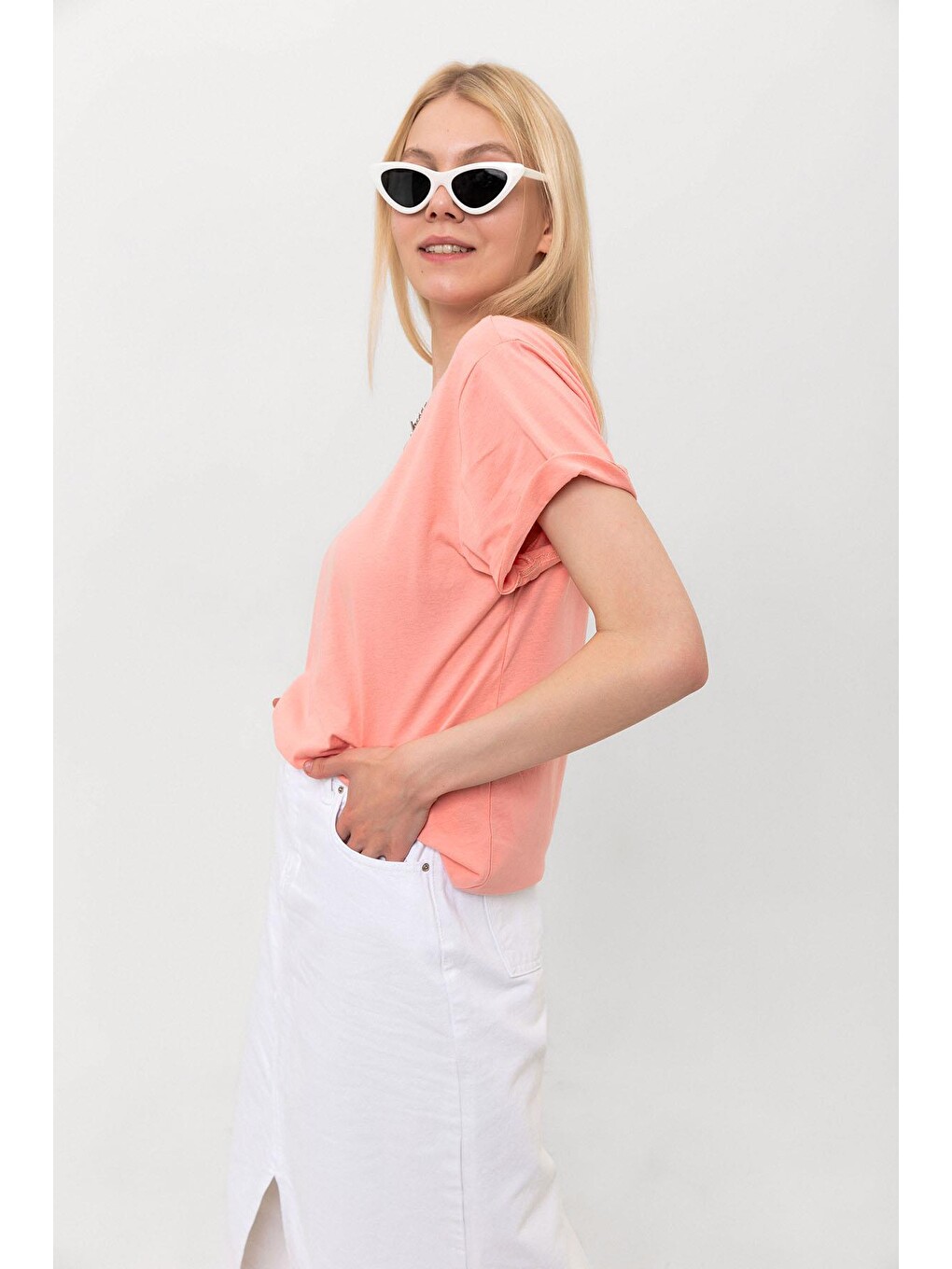 Pembe Amor Baskılı Oversize %100 Pamuk Kadın Tişört-2