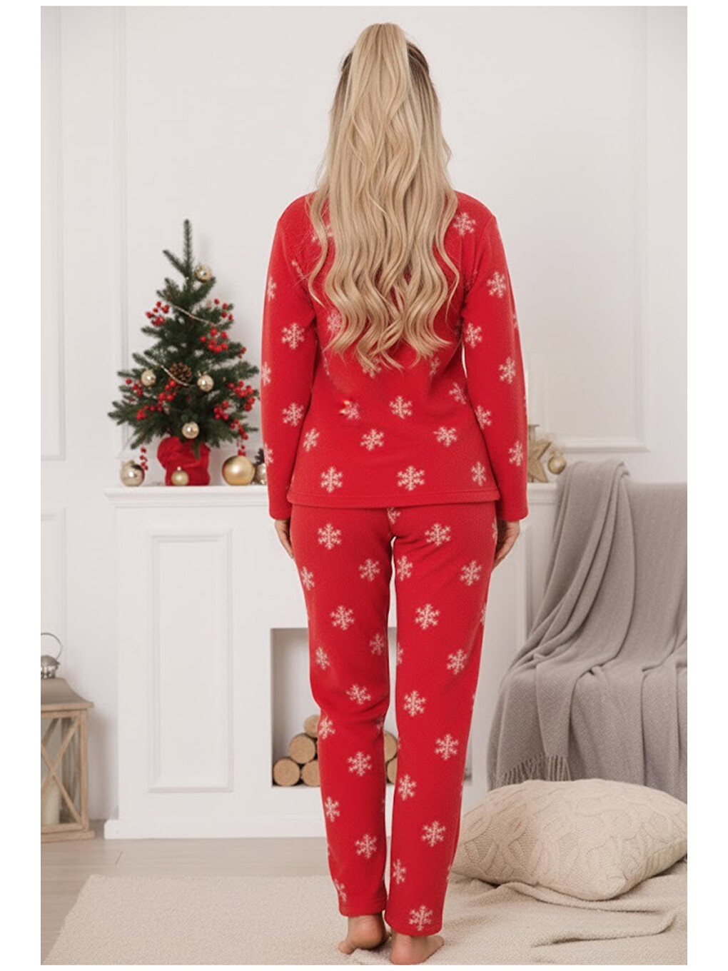 Kırmızı Yılbaşı Temalı Nakışlı Kar Tanesi Desenli Polar Kışlık Örme Pijama Takım-2