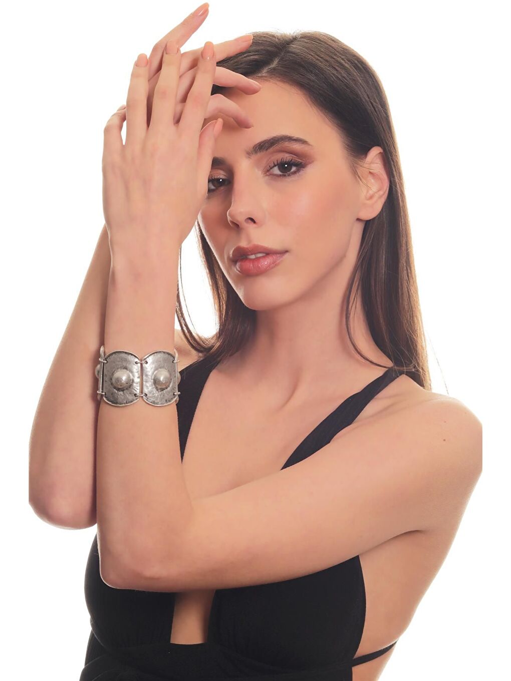 Gri Kadın Antik Gümüş Kaplama Ayarlanabilir Zincir Bağlantlı Kabartma Dokulu Bohem Bileklik-3