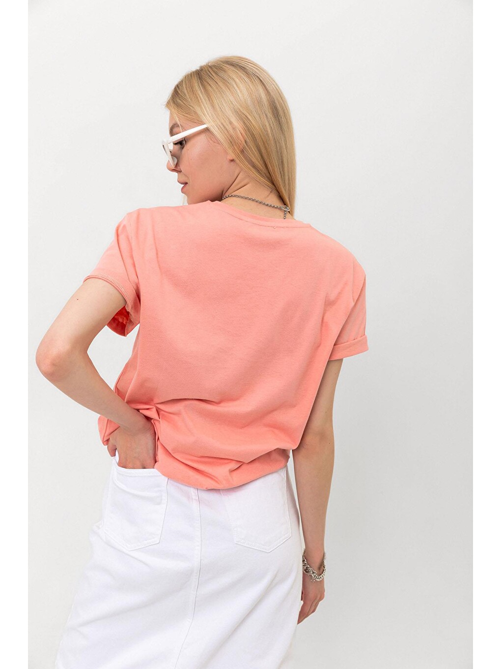 Pembe Amor Baskılı Oversize %100 Pamuk Kadın Tişört-4