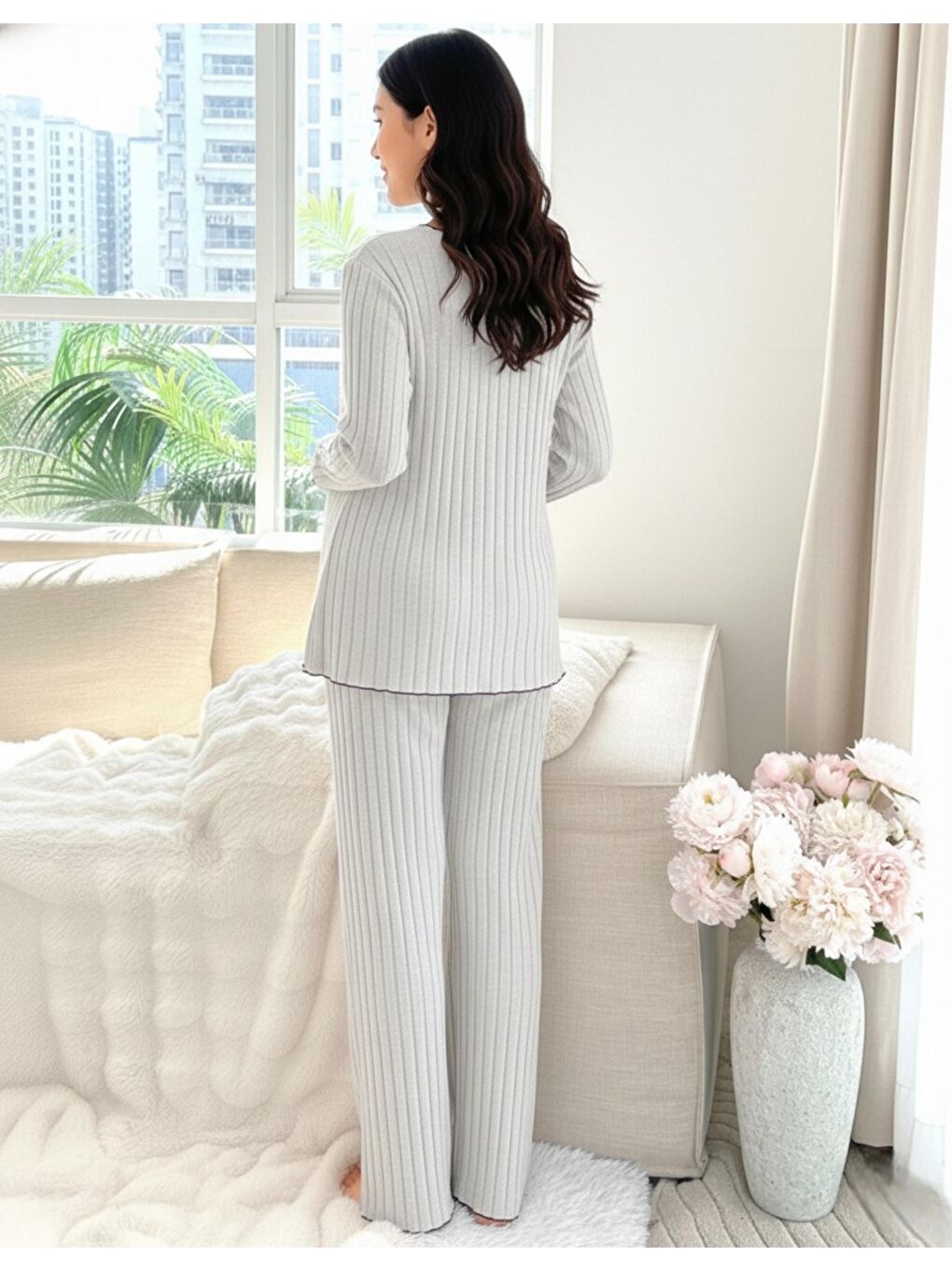 Gri Yumoş Dokulu Emzirmeye Uygun Ayarlanabilir Bel Destekli Hamile & Lohusa Pijama Takımı-1