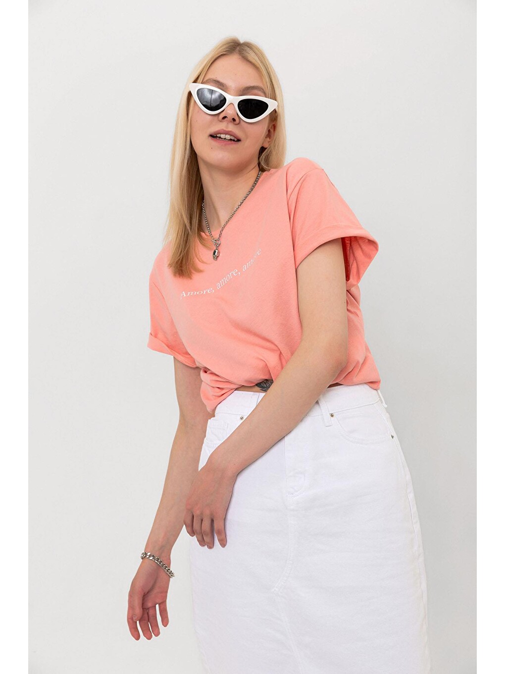 Pembe Amor Baskılı Oversize %100 Pamuk Kadın Tişört-5