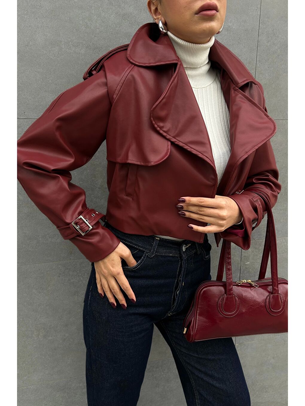 Kadın Bordo Crop Deri Ceket 0990-5055-7