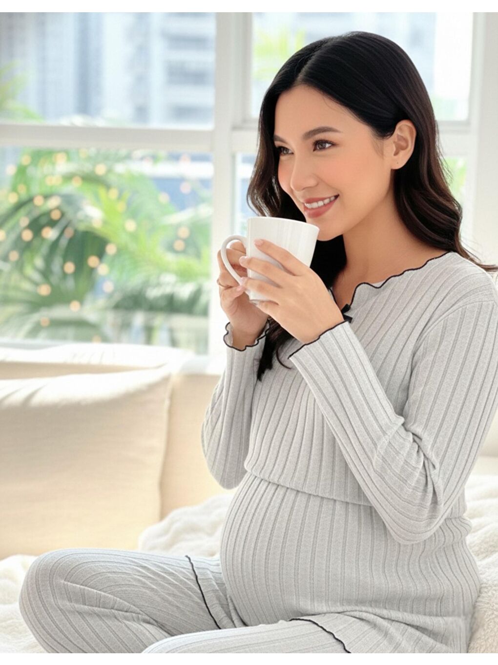 Gri Yumoş Dokulu Emzirmeye Uygun Ayarlanabilir Bel Destekli Hamile & Lohusa Pijama Takımı-2