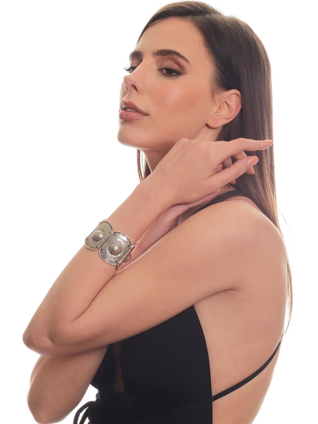 Gri Kadın Antik Gümüş Kaplama Ayarlanabilir Zincir Bağlantlı Kabartma Dokulu Bohem Bileklik-4