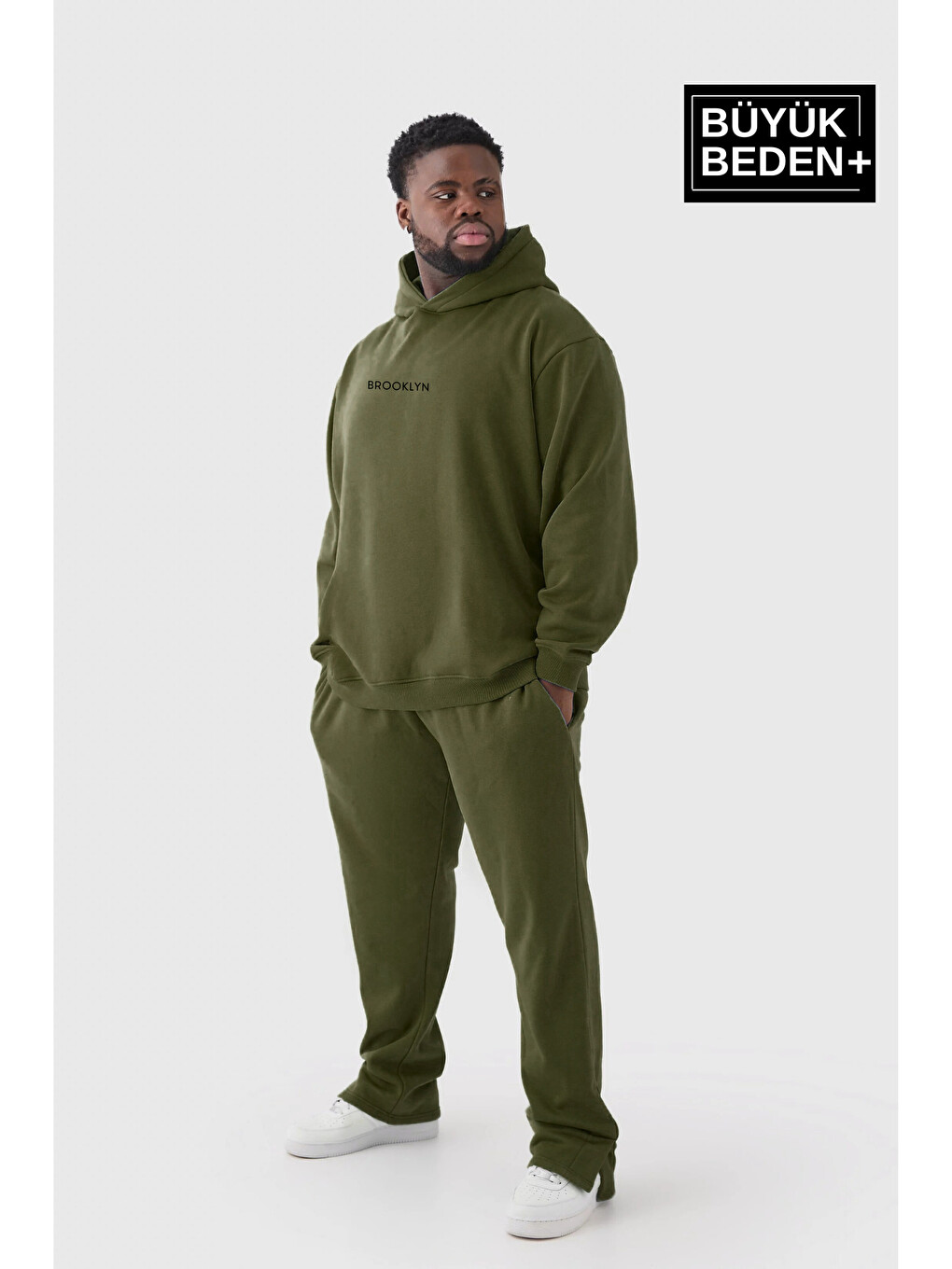 Haki Orta Brooklyn Baskılı Büyük Beden İnce Kapüşonlu Erkek Hoodie Spr25bsw61