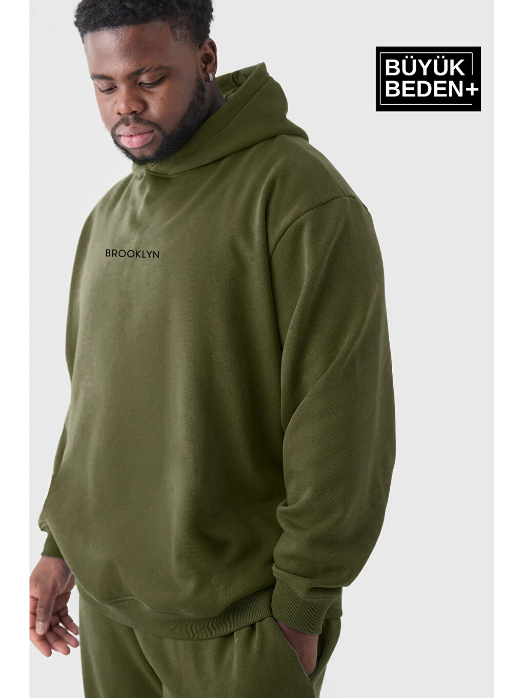 Haki Orta Brooklyn Baskılı Büyük Beden İnce Kapüşonlu Erkek Hoodie Spr25bsw61-2