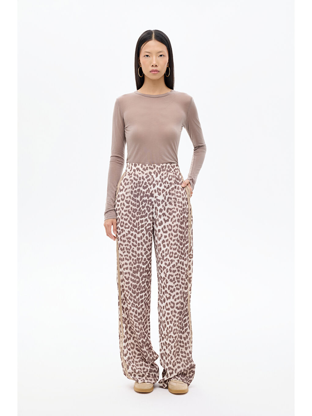 Leopar Desenli Şeritli Bol Paça Pantolon Kahverengi-2