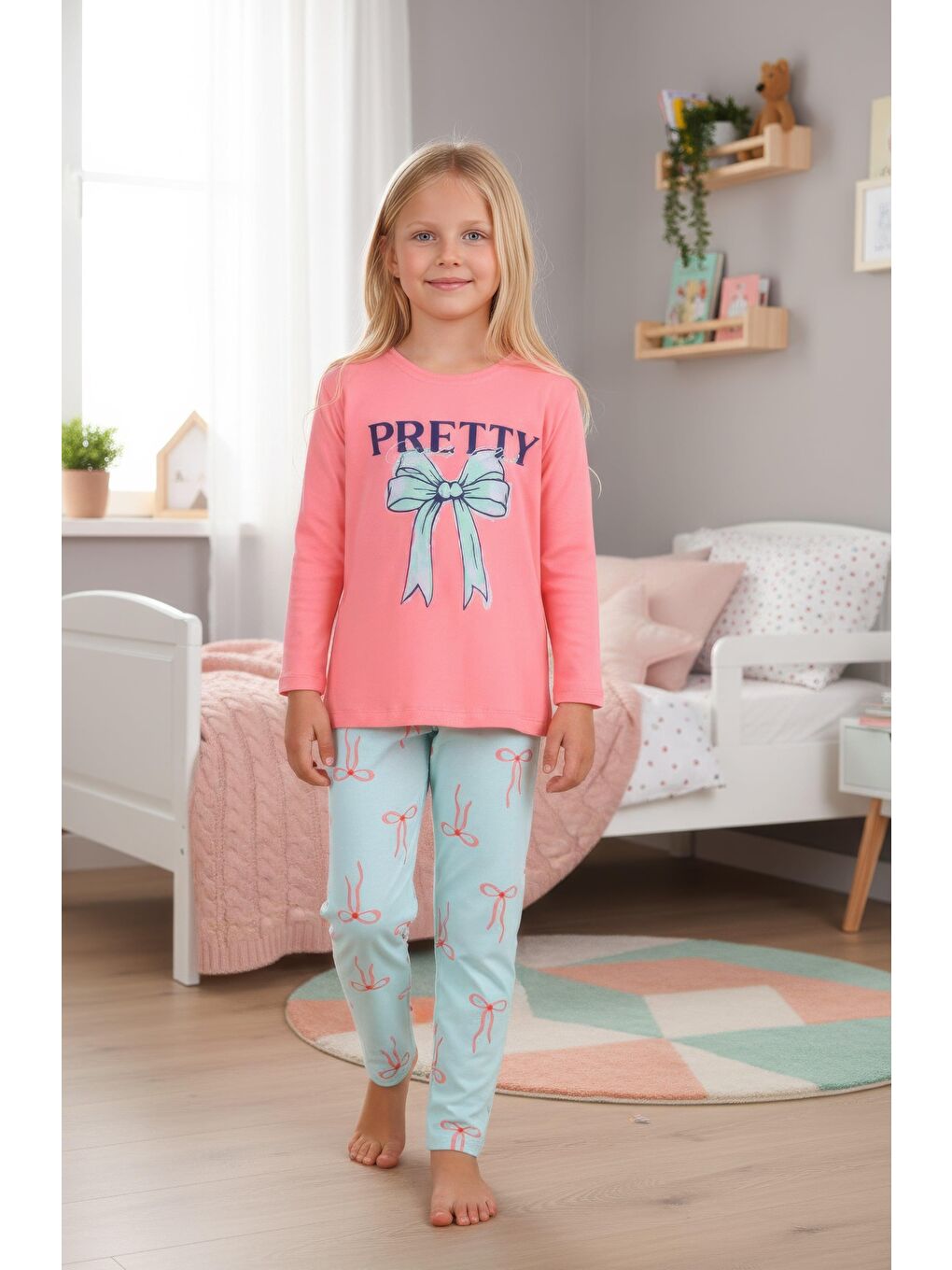 Kırmızı Kız Çocuk Uzun Kollu %100 Pamuk Pijama Takımı Pretty Bow