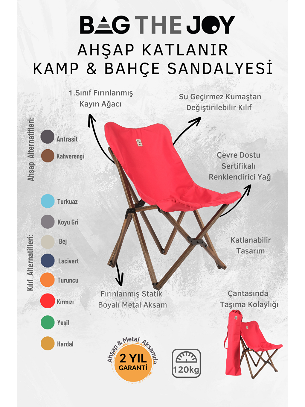 Bag The Joy Kırmızı Antrasit İskelet – Kırmızı Kılıf Ahşap Katlanır Kamp & Bahçe Sandalyesi - 4