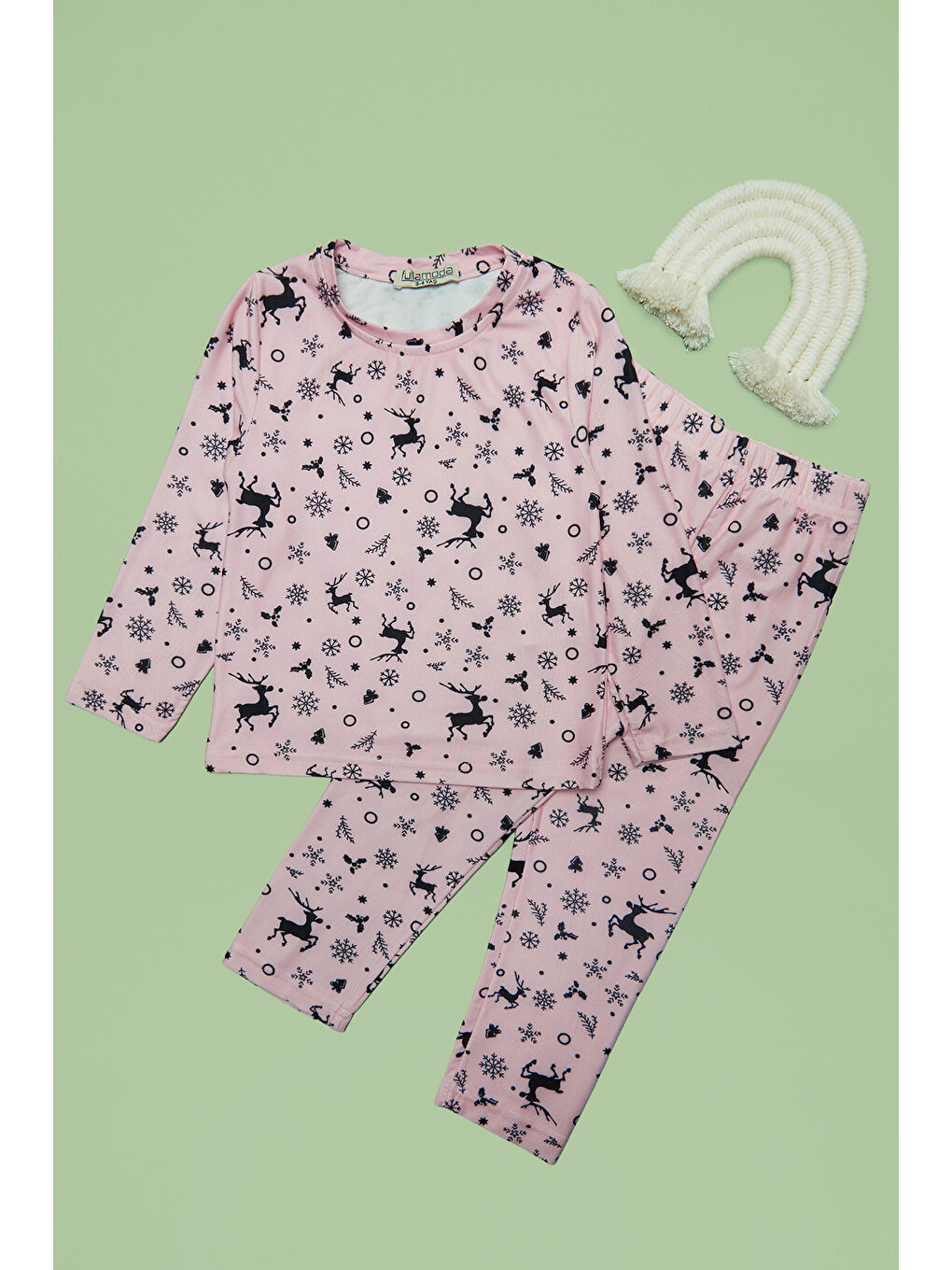 Pembe Kar Tanesi Ve Geyik Desenli Unisex Çocuk Pijama Takımı-2