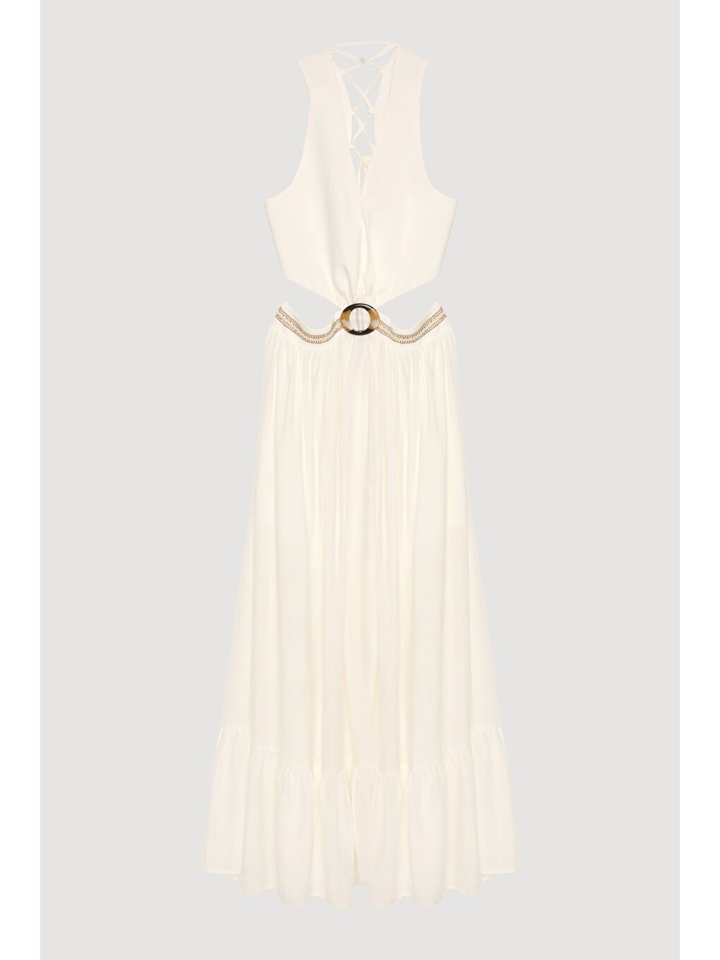 Toka Aksesuarlı Cut Out Midi Boy Elbise Ekru-1