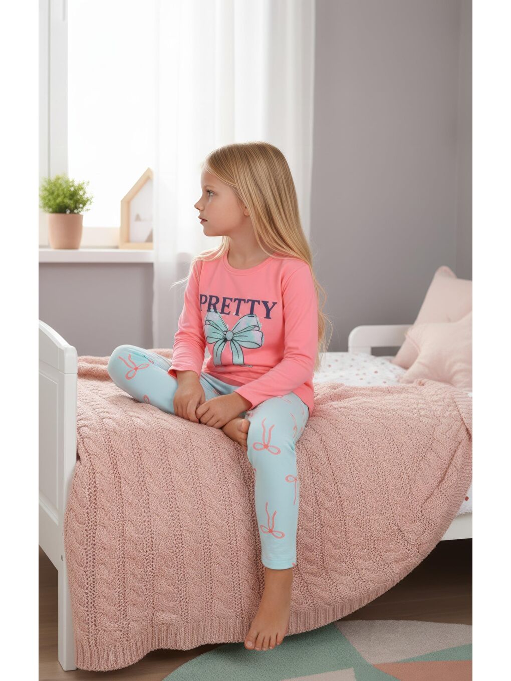 Kırmızı Kız Çocuk Uzun Kollu %100 Pamuk Pijama Takımı Pretty Bow-1