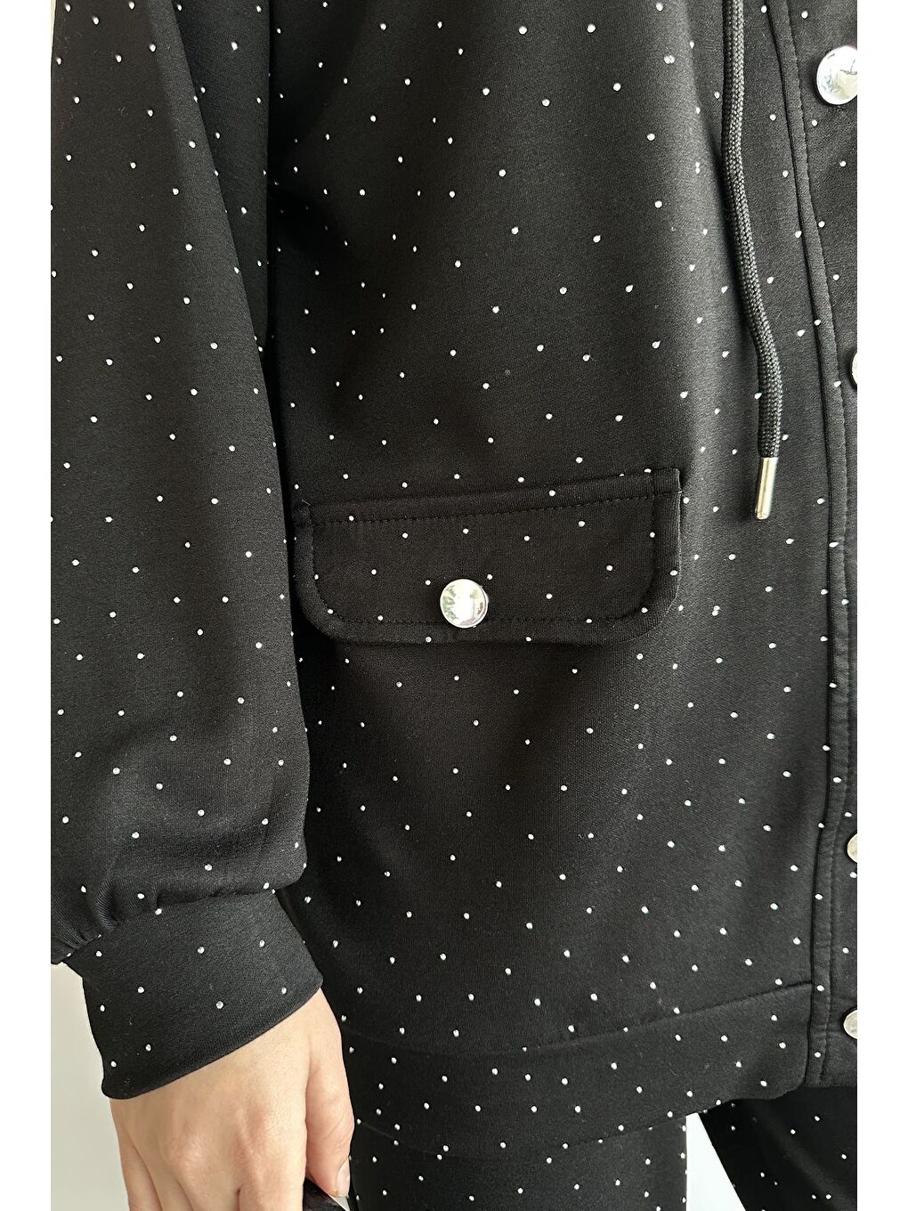 Siyah Kapüşonlu Taşlı Hırka Pantolon Tesettür İkili Takım-8